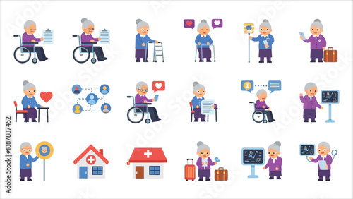 Comprehensive Set of Home Healthcare and Social Support Vector Illustrations for Elderly People with Disabilities and Mobility Aids..eps