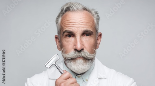 A distinguished senior man with a white beard and mustache holding a razor.