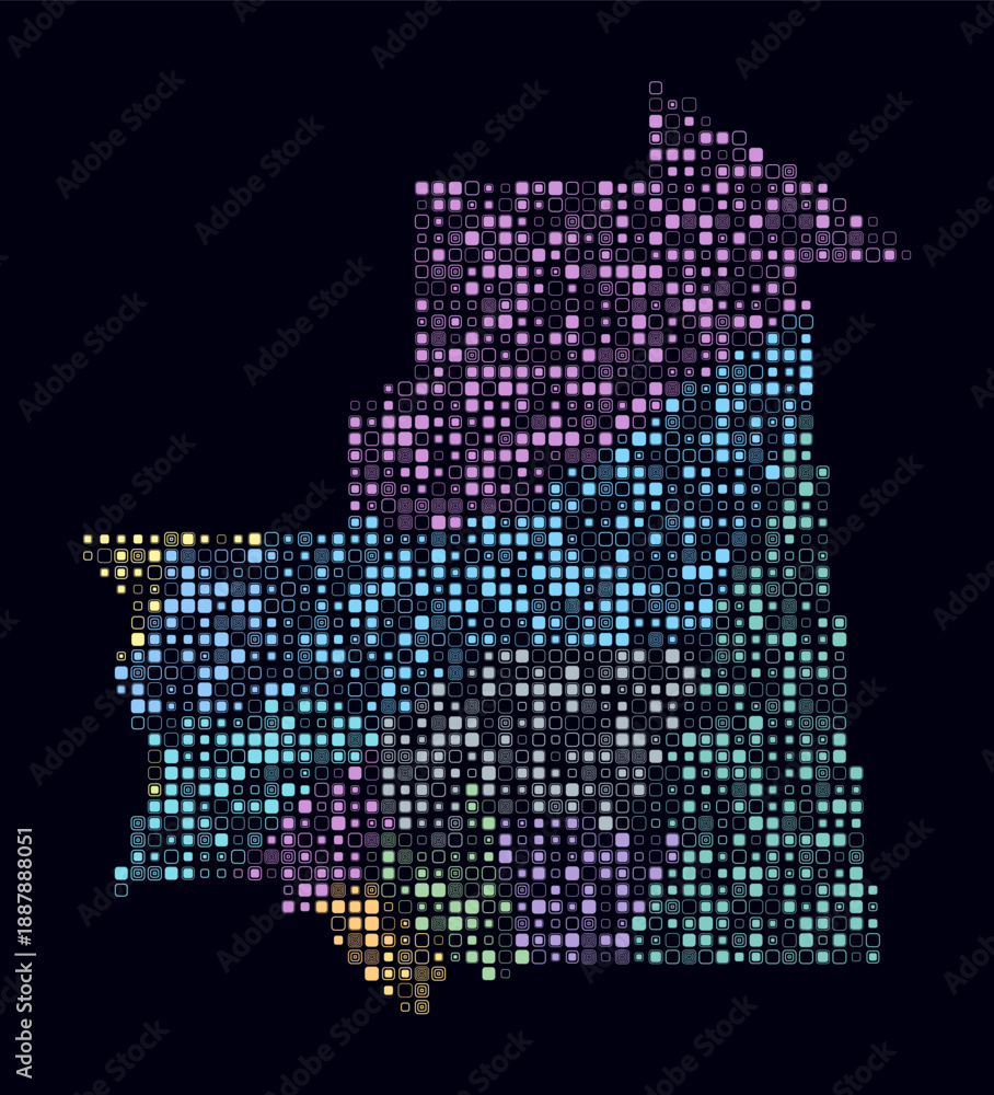 Fototapeta premium Mauritania, shape of the country build of colored cells. Digital style map of the Mauritania on dark background. Small size rounded square blocks. Abstract vector illustration.