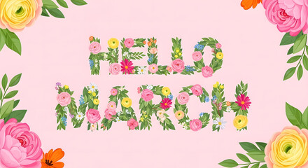 Soft pink spring floral background with blooming flowers leaves and butterflies forming a decorative nature frame