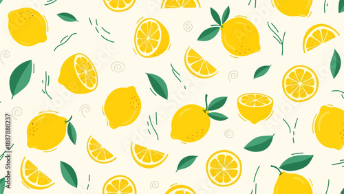 A vibrant and refreshing seamless pattern featuring bright yellow lemons and green leaves on a creamy backdrop, perfect for summer themes and designs