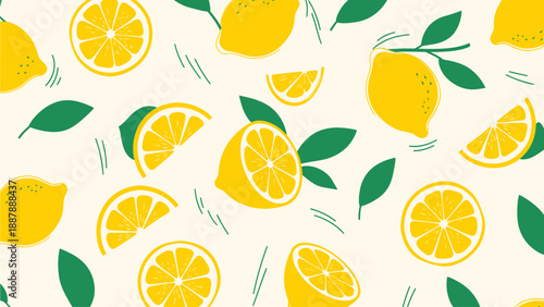 Vibrant and fresh seamless vector pattern featuring whole lemons, bright yellow slices, and green leaves scattered on a light background, perfect for summer textile designs or refreshing packaging