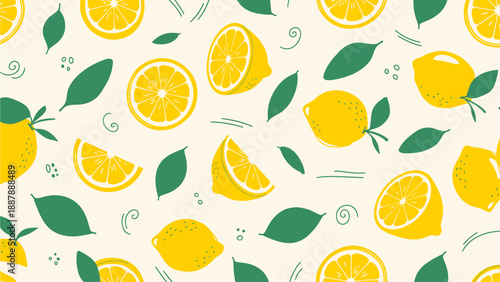 A vibrant and refreshing seamless pattern featuring bright yellow lemons and lush green leaves, perfect for summer themes and food-related designs