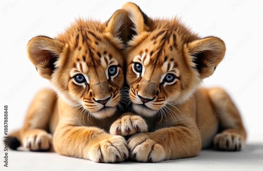 Obraz premium Two adorable lion cubs with blue eyes cuddle on a white background. These young cats have fluffy fur and stripes. They look sweet and innocent, posing for a studio portrait.