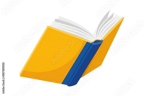 Open book with yellow cover and blue spine showing white pages and edges tilted to the right side on white and transparent
