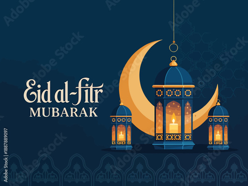Festive Eid Mubarak celebration background with traditional Islamic elements.