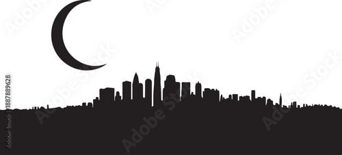City skyline silhouette with a crescent moon vector