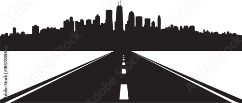Cityscape skyline silhouette with road leading to it