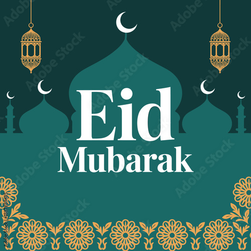 Festive Eid Mubarak celebration background with traditional Islamic elements.