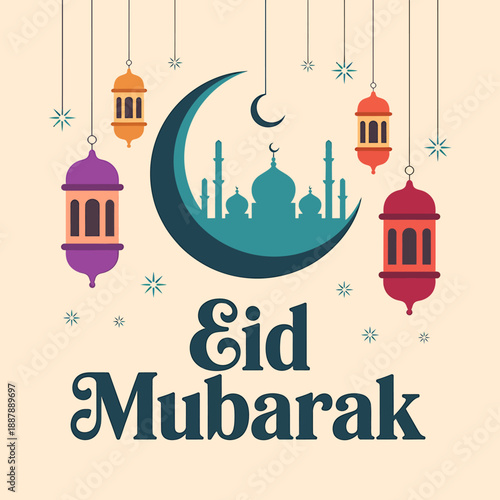 Festive Eid Mubarak celebration background with traditional Islamic elements.