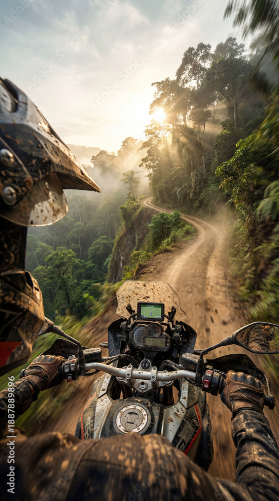 Naklejka premium Adventurer's point of view riding a mud splattered adventure motorcycle on a challenging winding dirt road through a tropical jungle landscape. Experiencing thrilling travel and expedition at sunrise