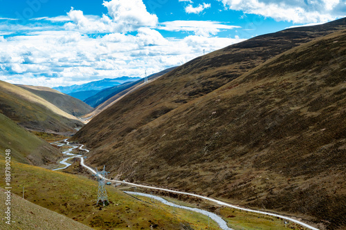 A rivers and road in the valleys of the Qinghai-Tibet Plateau