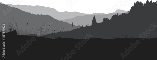 Mountain Landscape Silhouette with Trees and Wild Grass
