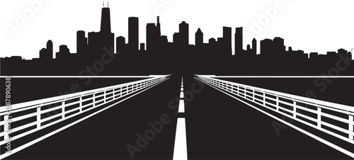 Road leading to a city skyline silhouette highway street