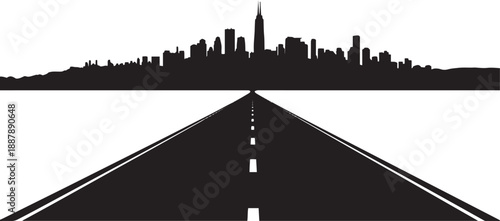 Road leading to city skyline silhouette highway street