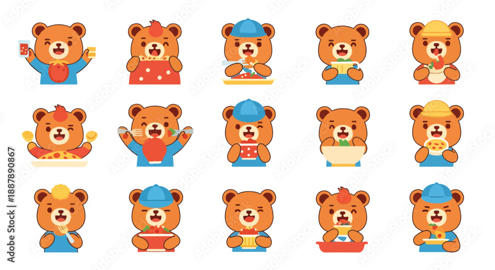 Fototapeta premium Cute Cartoon Bear Character Eating Food Set
