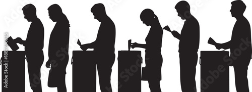 Six people in line casting votes at a polling station