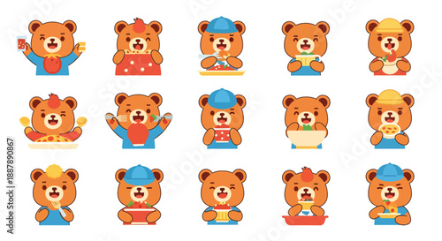 Cute Cartoon Bear Character Eating Food Set