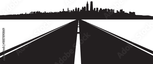 Urban skyline silhouette with a straight road ahead