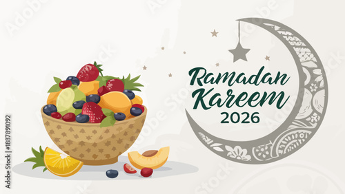 Ramadan kareem 2026 greeting with fruit bowl and crescent moon symbol on white background