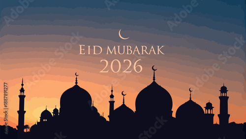 Eid mubarak 2026 greeting with mosque skyline silhouette at sunset crescent moon and orange gradient background