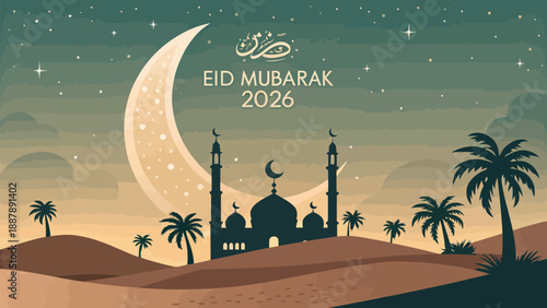 Eid mubarak 2026 desert mosque scene with crescent moon and palm trees at sunset