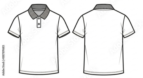 A line drawing of a white polo shirt with gray collar and cuffs