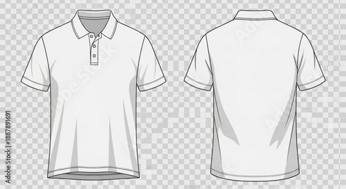 A line drawing of a white polo shirt with short sleeves and a collar shown from the front and back a transparent background