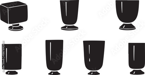 Set of black cups and glass on white background