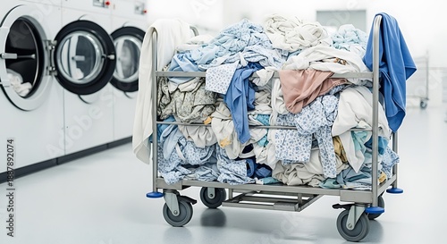 Laundry cart overflowing with clothes next to industrial washing machines.