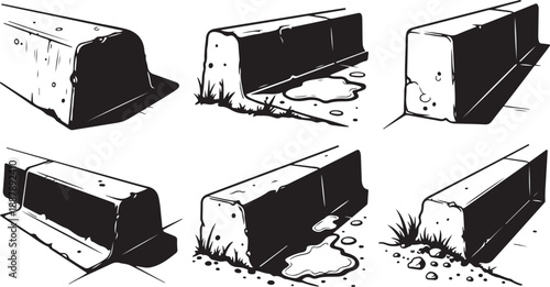 Various Illustrations of Dirty Concrete Barriers in Different Conditions