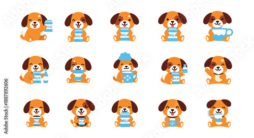 Collection of Cute Dog Cartoon Character Icons with Milk