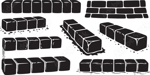 Black bricks on white background in various arrangements