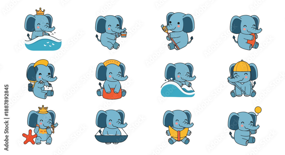 Fototapeta premium Collection of Cartoon Elephants in Vacation and Summer Theme