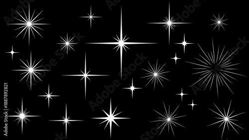 collection of sparkling starbursts and glimmers on a black background, abstract festive elements