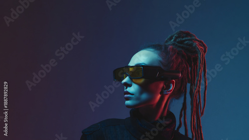 futuristic cyberpunk fashion portrait, vintage inspired techwear portrait with dreadlocks, cinematic futuristic fashion character