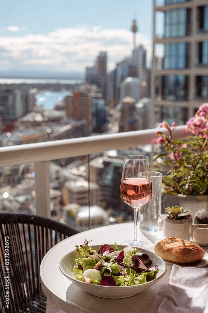 Fototapeta premium Light lunch on sunlit balcony table: salad and glass of rose, distant city skyline softened by spring haze. A moment of quiet refreshment with urban charm.