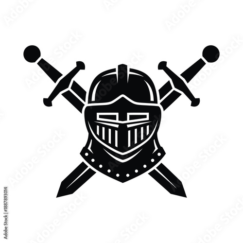 Black Knight Helmet and Crossed Swords Medieval Emblem Design