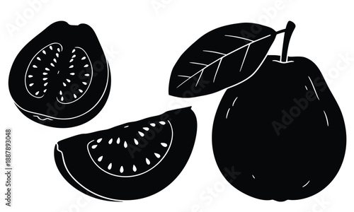 Guava Silhouette: An artistic black and white silhouette of guava fruit, its slices revealing the inner textures, accompanied by a guava slice and a whole guava with a leaf.