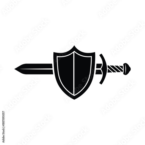 Black Shield and Sword Silhouette Emblem on White Background Vector