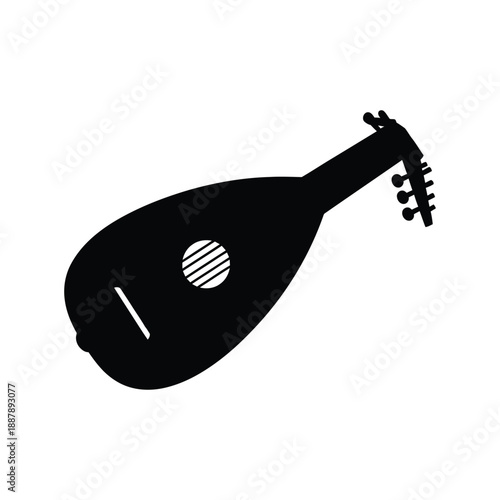 Flat Black Lute Musical Instrument Silhouette on White Background