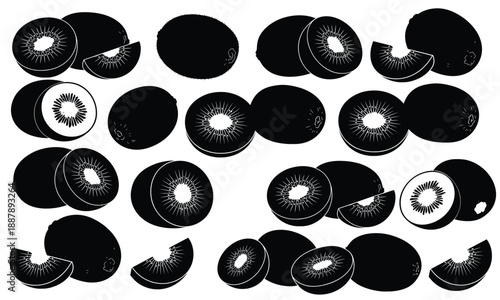 Kiwi Fruits Monochrome Study: A visually striking monochrome composition of fresh kiwi fruits showcases whole and sliced specimens, revealing their unique textures and intricate internal patterns.