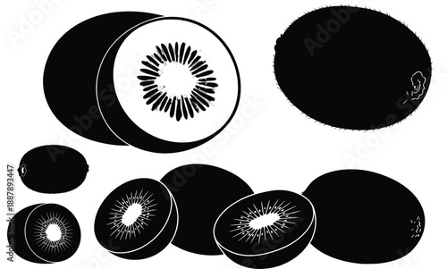 Kiwi Delight: Silhouette captures the essence of a refreshing kiwi fruit. Showcasing both whole and sliced variations in a sleek silhouette, ready to be utilized in diverse applications.