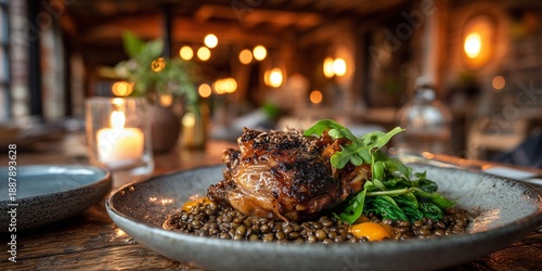 Crispy duck confit with orange glaze served on lentils and arugula, placed on ceramic plate. Rustic dining scene with warm candlelight and wooden beams in soft blur.
