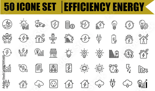 Efficiency energy outline icon set with energy saving, electricity, light bulb, power consumption, eco technology and renewable energy symbols, editable stroke line icons, modern outline vector illust