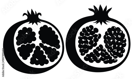 Pomegranate fruit Illustration: A simple yet elegant illustration showcasing two halves of a pomegranate, revealing its vibrant, jewel-toned seeds. Perfect for culinary and design projects.