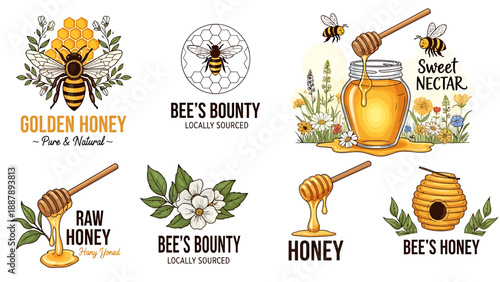 Set of honey-themed logos and illustrations featuring bees, honeycombs, flowers, and honey dippers, showcasing golden honey products and artisanal beekeeping