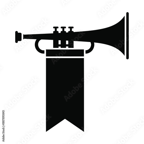 Minimalist Black Trumpet and Pennant Icon on White Background