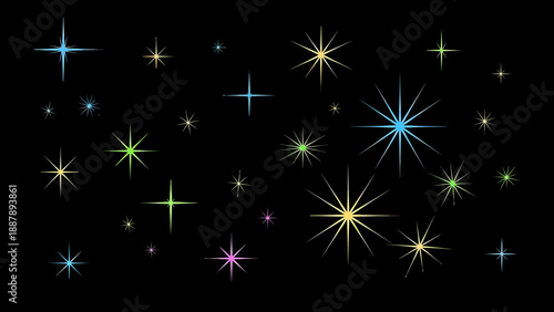 Dynamic Array of Scattered, Shimmering Light Sparkles and Starburst Effects, Creating a Magical and Festive Atmosphere Ideal for Various Design Projects and Celebratory Backgrounds