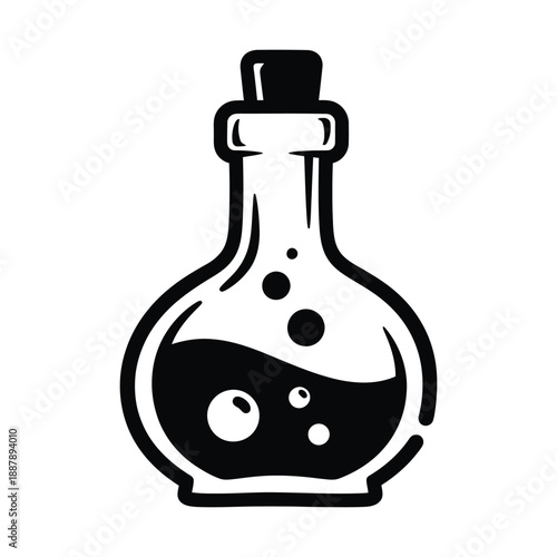 Monochrome Potion Flask Icon with Bubbles and Cork Stopper